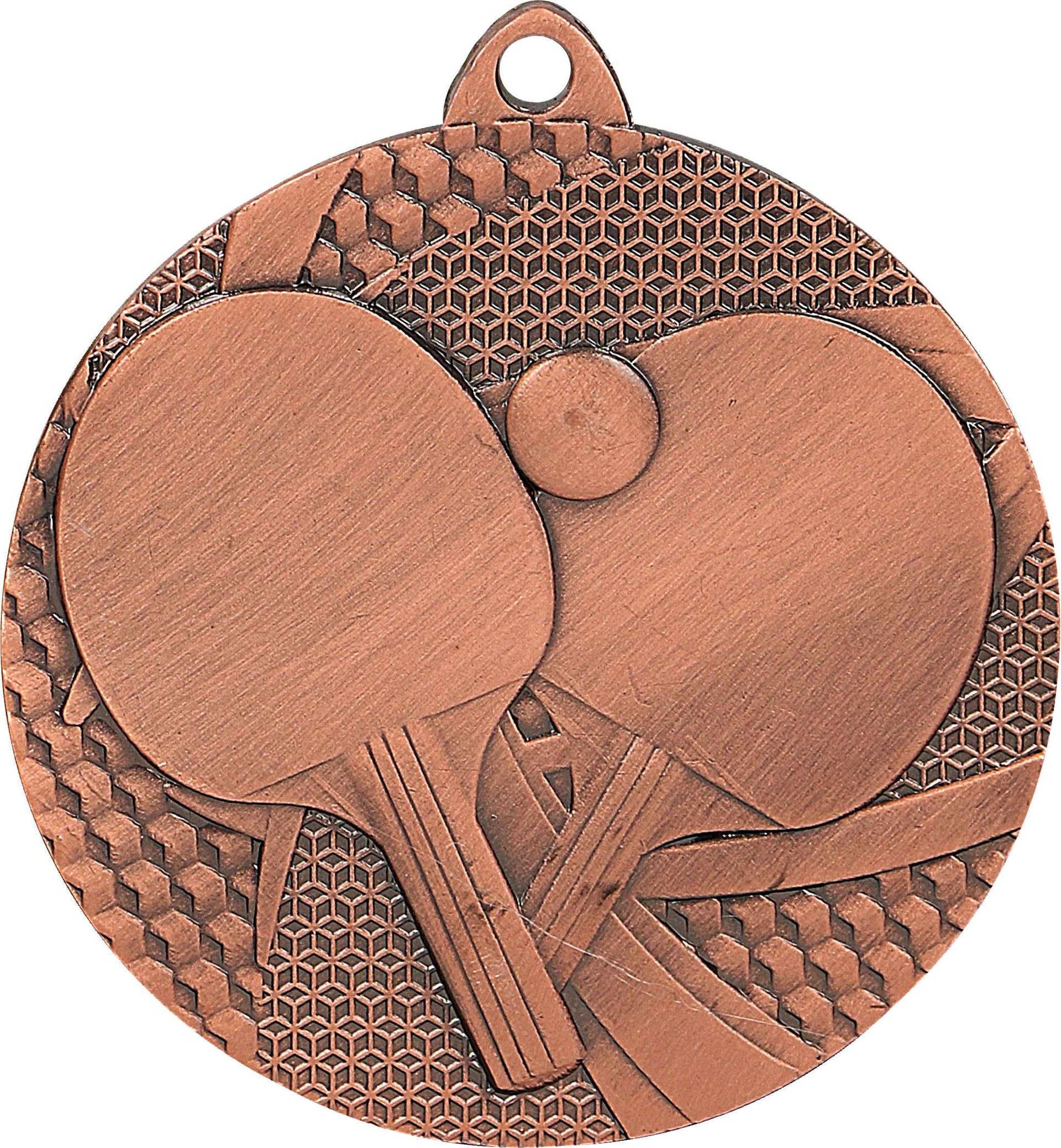 Eine bronzene Medaillen Bielefeld 50 mm MMC7750 mit zwei Tischtennisschlägern und einem Ball in der Mitte, mit strukturiertem Hintergrund – ein Symbol der Exzellenz bei jedem Tischtennisturnier.