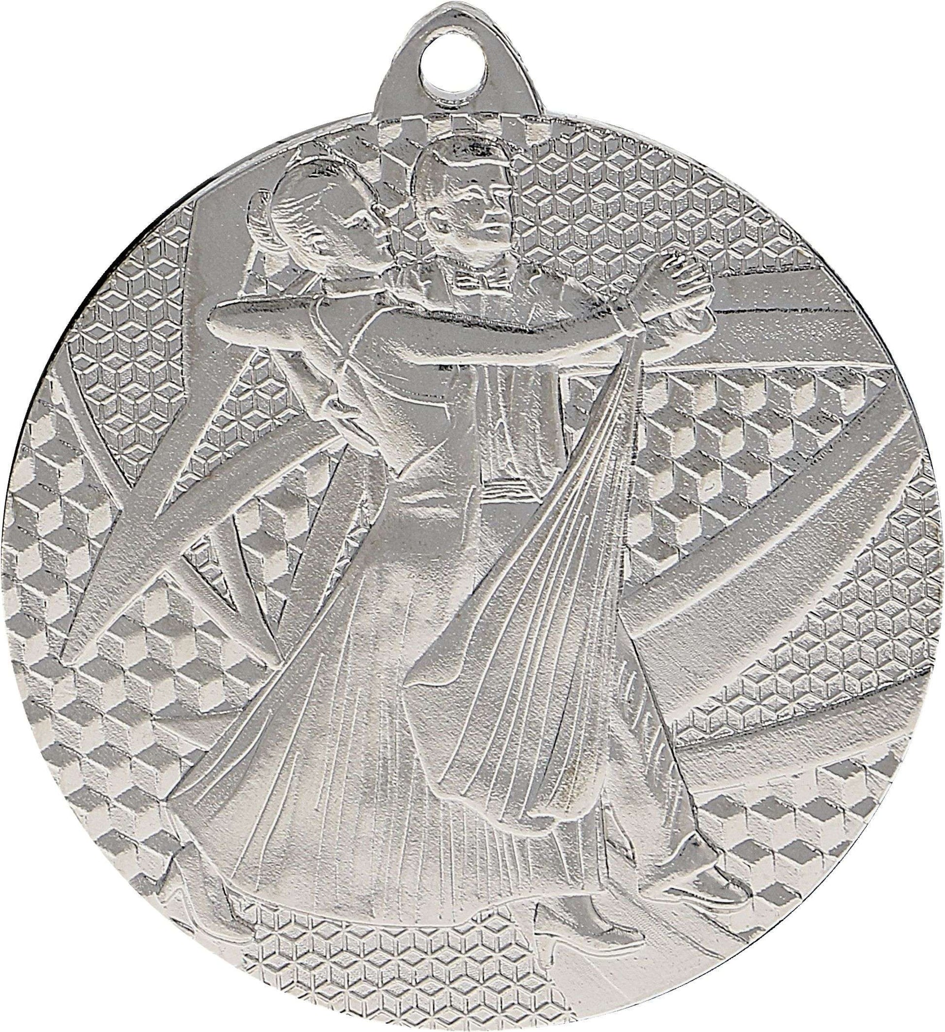 Silberne Tanzmedaille mit dem geprägten Bild eines Paares beim Gesellschaftstanz. Der Hintergrund zeigt ein geometrisches Muster mit geschwungenen Linien und Sechsecken, das die Eleganz der Kunstfertigkeit Medaillen Essen 50 mm MMC7850 perfekt einfängt.