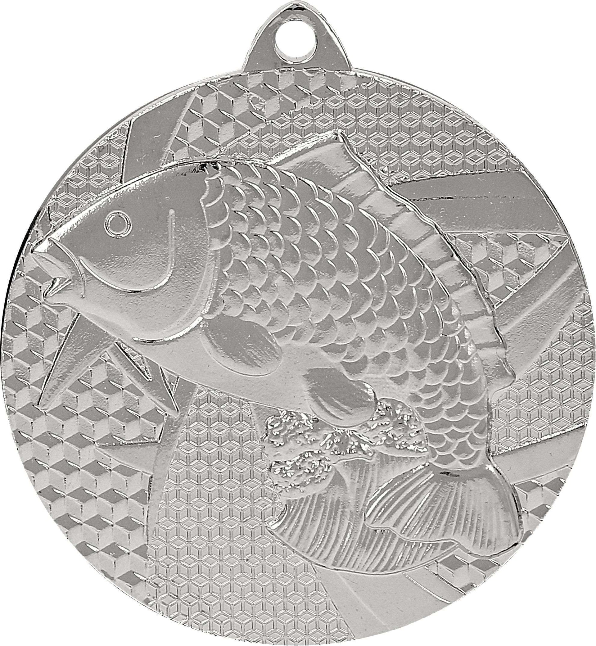 Silbermedaille mit geprägtem Fischdesign, geometrisch gemustertem Hintergrund und einer kleinen Schlaufe zum Befestigen eines Bandes – perfekt zum Feiern eines unvergesslichen Angelerlebnisses oder als exquisite Auszeichnung. Wir präsentieren die Medaillen Bamberg 50 mm MMC7950.