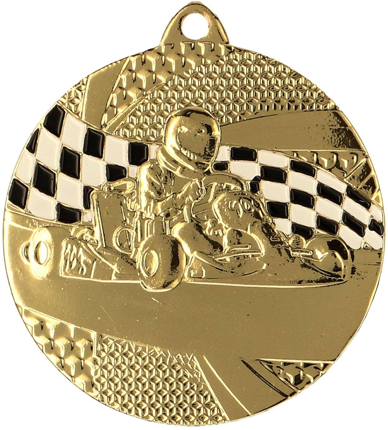 Goldmedaillon mit dem eingravierten Bild eines Go-Kart-Fahrers vor dem Hintergrund einer Zielflagge, perfekt für jeden Motorsport-Enthusiasten oder als Preis bei einem spannenden Kartrennen: Medaillen Wolfsburg 50 mm MMC8350.