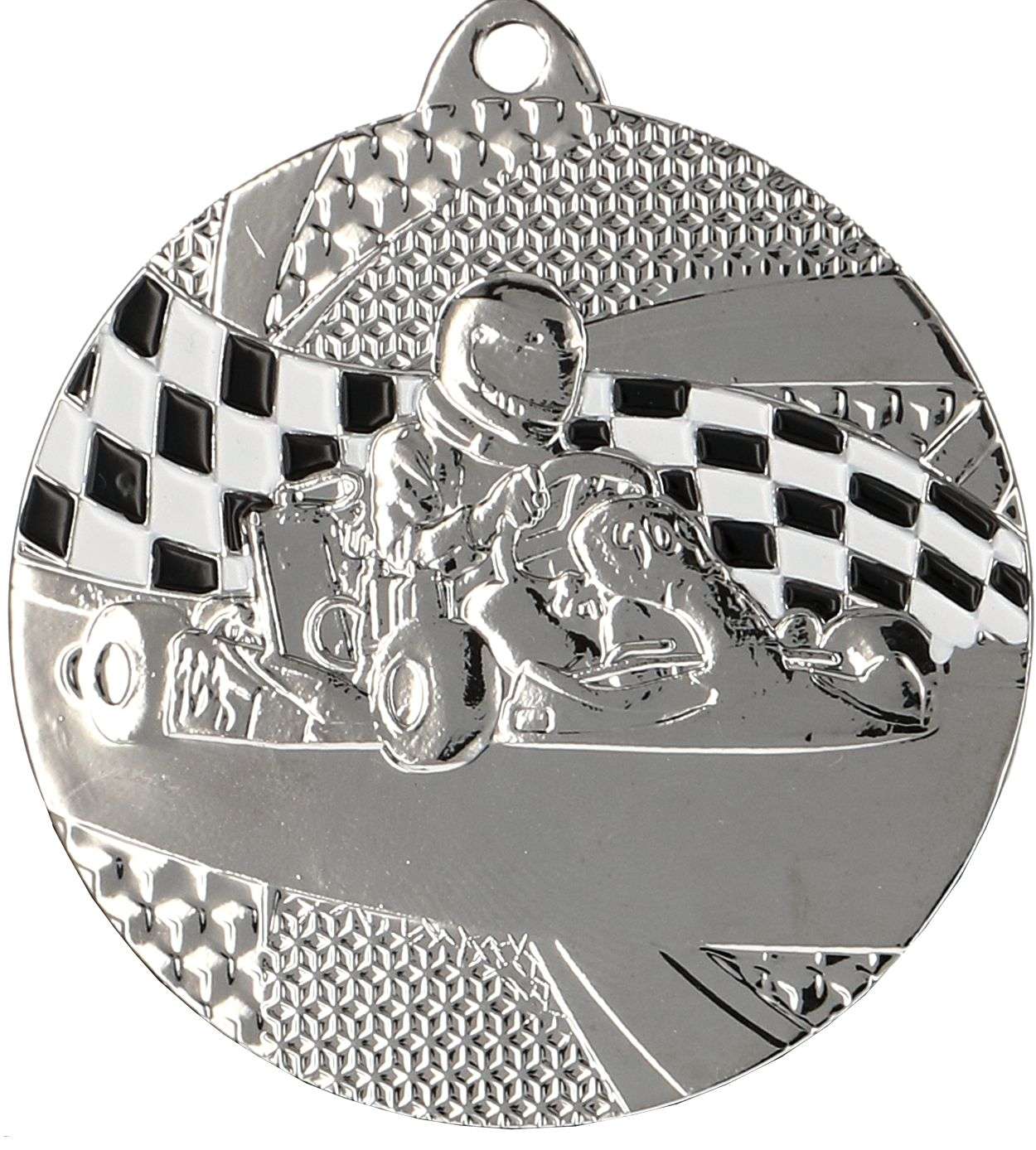 Eine Medaillen Wolfsburg 50 mm MMC8350 mit der Gravur eines Gokart-Rennfahrers mit einer Zielflagge im Hintergrund, die die aufregende Welt des Kartrennens und des Motorsports feiert.
