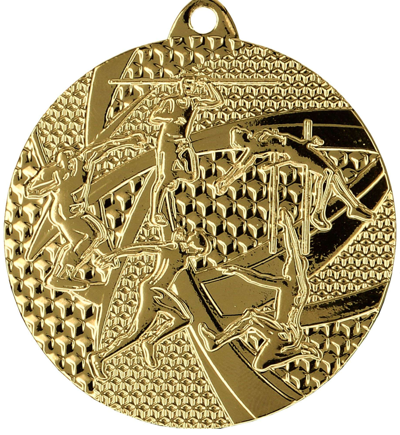 Eine runde Goldmedaille mit einem geprägten Design von Athleten, die verschiedene Sportarten ausüben, darunter Laufen, Schwimmen und Springen. Diese Medaillen Recklinghausen 50 mm MMC8450 werden oft bei prestigeträchtigen Veranstaltungen wie den Medaillen Recklinghausen verliehen.
