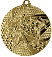 Eine runde Goldmedaille mit einem geprägten Design von Athleten, die verschiedene Sportarten ausüben, darunter Laufen, Schwimmen und Springen. Diese Medaillen Recklinghausen 50 mm MMC8450 werden oft bei prestigeträchtigen Veranstaltungen wie den Medaillen Recklinghausen verliehen.