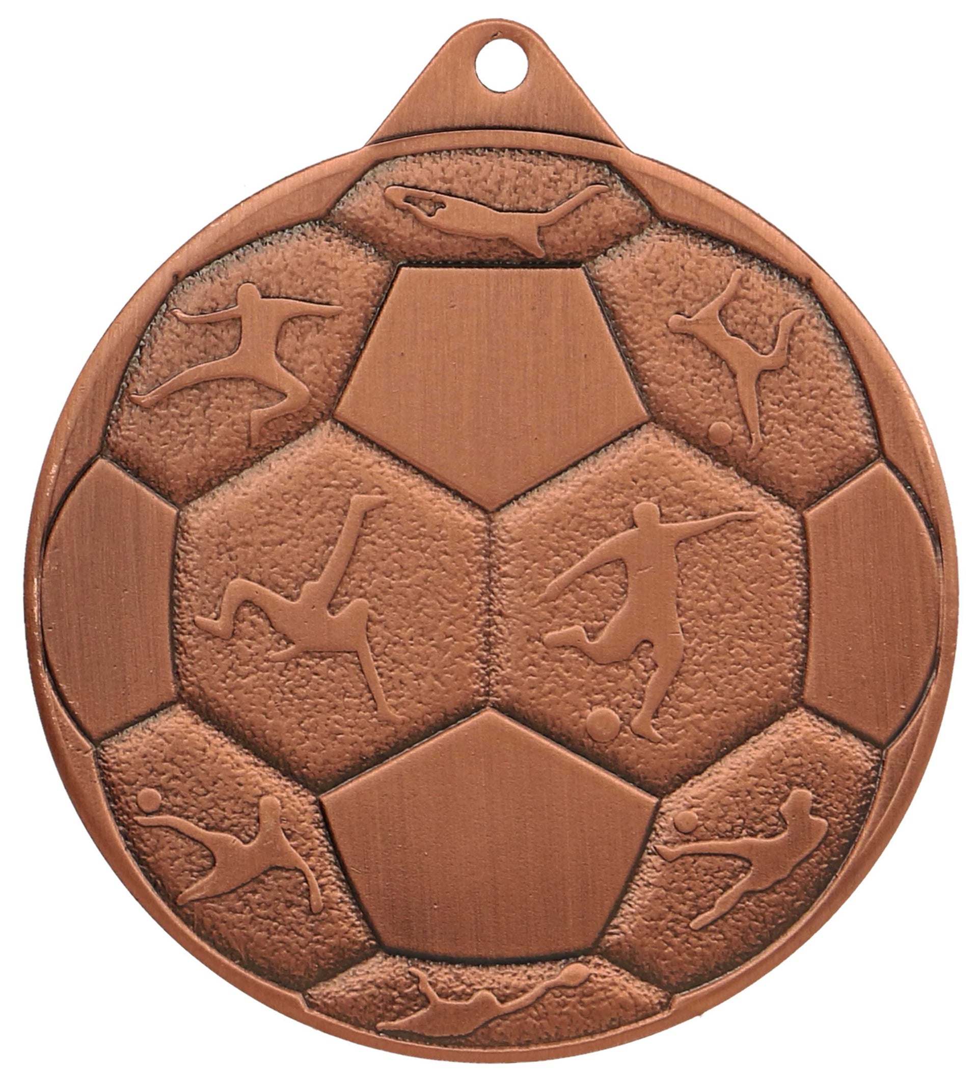 Eine bronzene Medaillen Jena 50 mm MMC8850 mit einem Fußballdesign und geprägten Silhouetten von Fußballspielern in verschiedenen Actionposen.