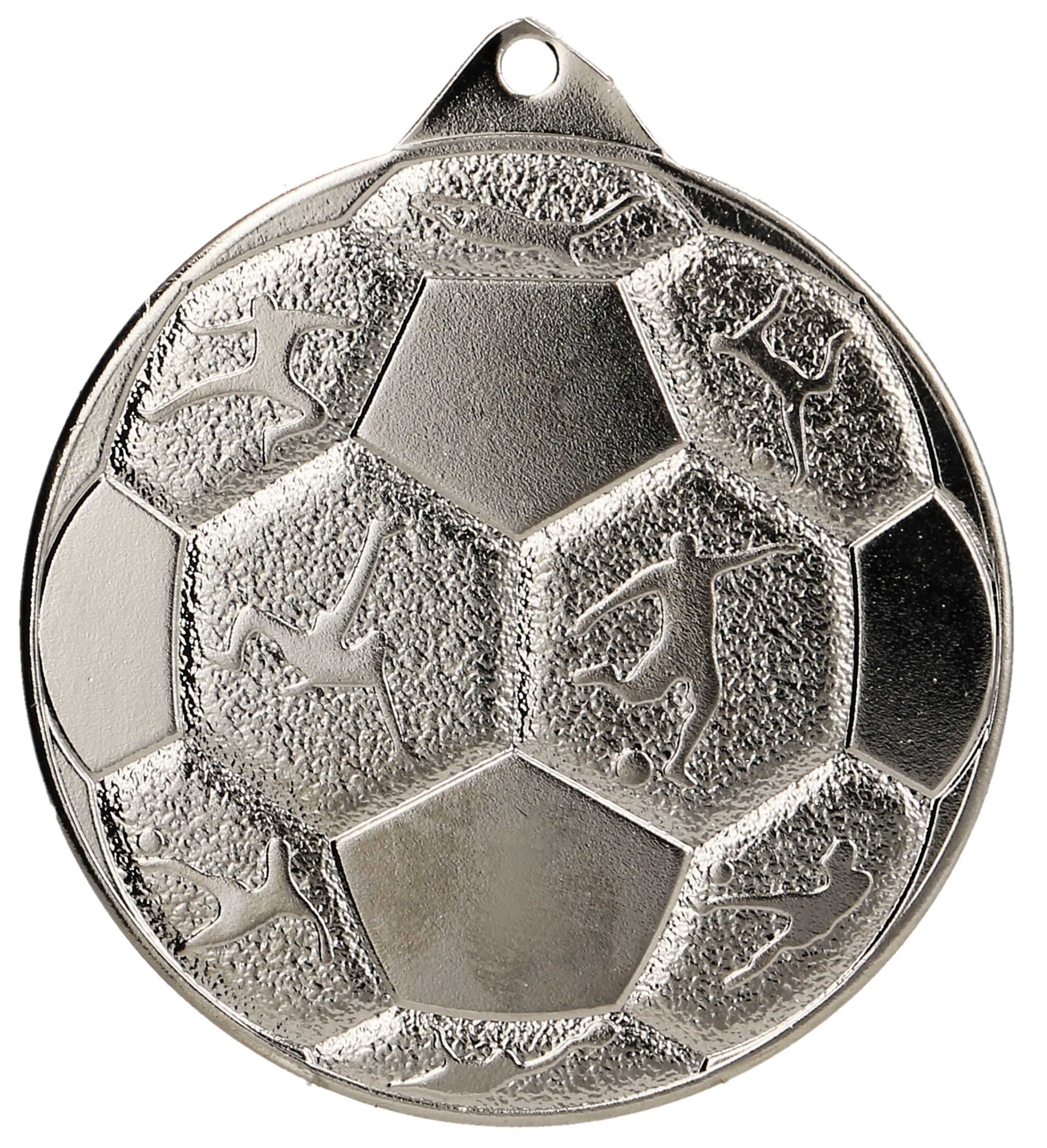 Eine silberne Medaille in Form eines Fußballs mit Spielergravuren auf jedem Segment, perfekt für Fußball-Auszeichnungen, Medaillen Jena 50 mm MMC8850.