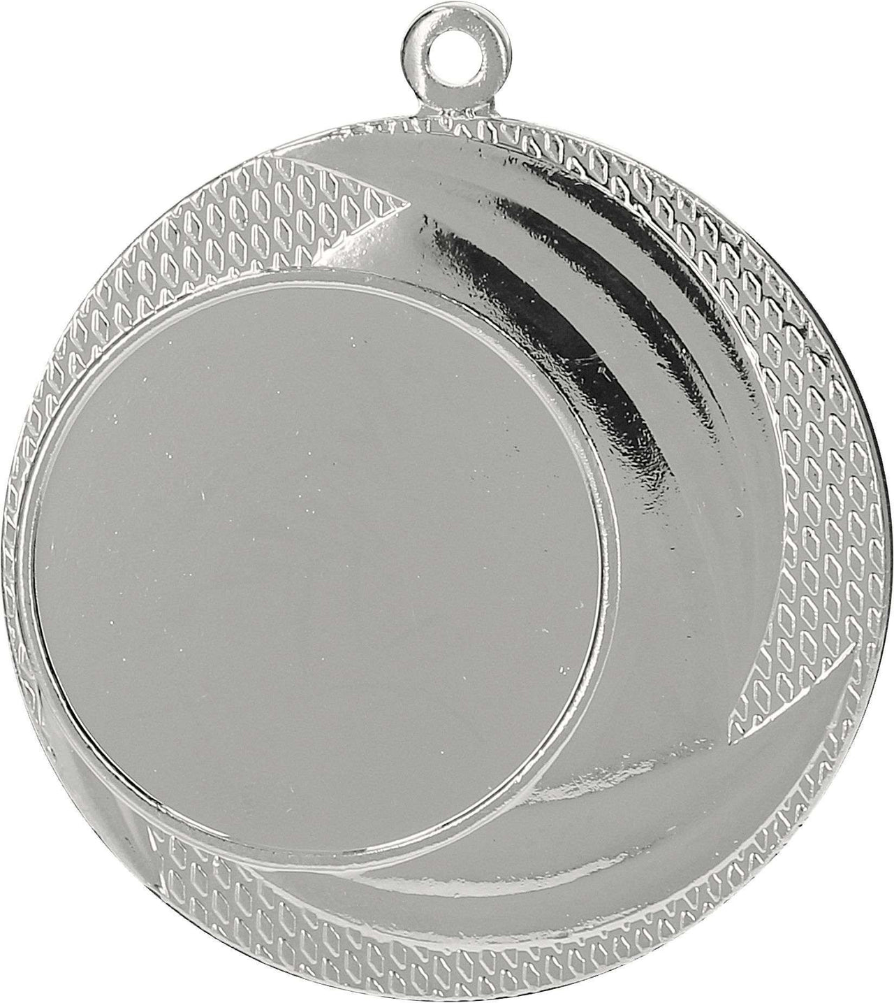 Eine silberne runde Medaille, die an die prestigeträchtigen Medaillen erinnert, die bei den berühmten Sportwettkämpfen in Hannover verliehen wurden, verfügt über einen strukturierten Außenring und einen glatten Innenkreis. Der Medaillen Hannover 40 mm MMC9040 verfügt oben über eine kleine Schlaufe zum Befestigen eines Bandes.