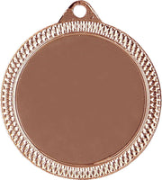 Eine runde, goldfarbene Medaille mit einer leeren Mitte und einem gemusterten Rand, mit einem kleinen Loch an der Oberseite zur Befestigung. Perfekt für Schulwettbewerbe oder als unvergessliches Souvenir von Sportveranstaltungen.