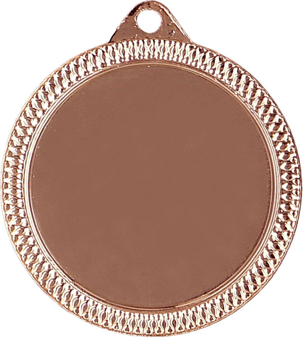 Eine runde, goldfarbene Medaille mit einer leeren Mitte und einem gemusterten Rand, mit einem kleinen Loch an der Oberseite zur Befestigung. Perfekt für Schulwettbewerbe oder als unvergessliches Souvenir von Sportveranstaltungen.