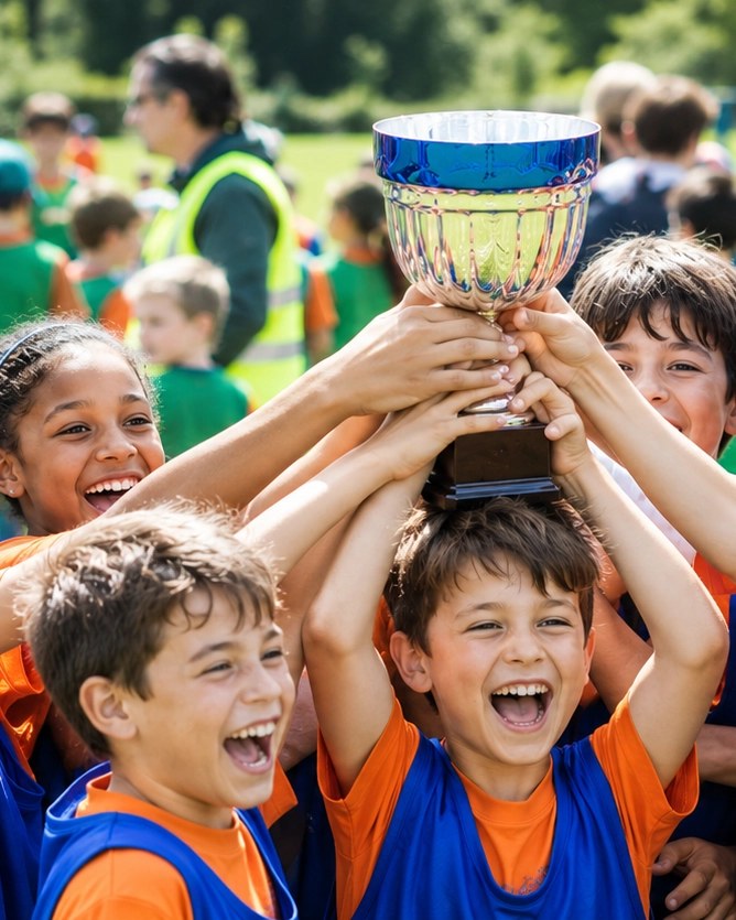 Jubelnde Kinder mit silbernem Pokal beim Vereins-Sportfest (Hochformat).