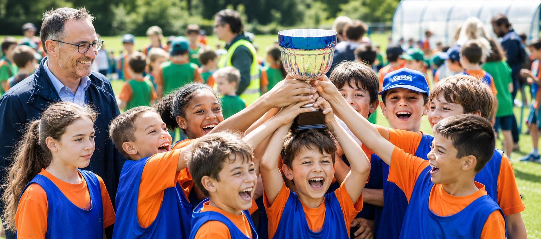 Jubelnde Kinder eines Vereins-Sportfests stemmen gemeinsam einen silbernen Pokal in die Höhe.