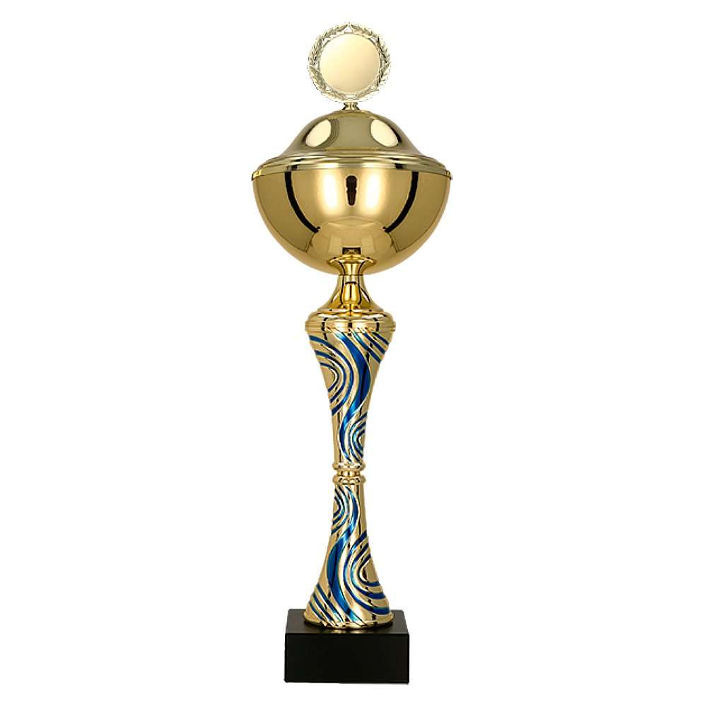 Großer silberfarbener Pokal Osnabrück mit Deckelfigur und Emblem zur Gravur