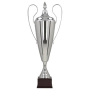 Sehr großer silberfarbener Vollmetallpokal Berlin mit Figur und Emblem zur Gravur