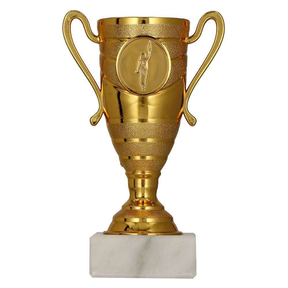 Pokale Düsseldorf: Gold Farben Pokal mit Marmorsockel, erhältlich in den Größen 13 cm, individuell gestaltbar, ideal für Auszeichnungen und Ehrungen.