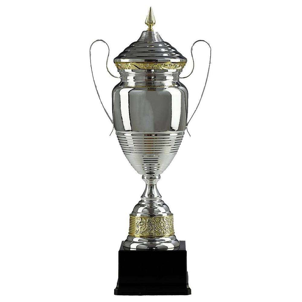 Großer silberfarbener Vollmetallpokal Köln mit Figur und Emblem zur Gravur