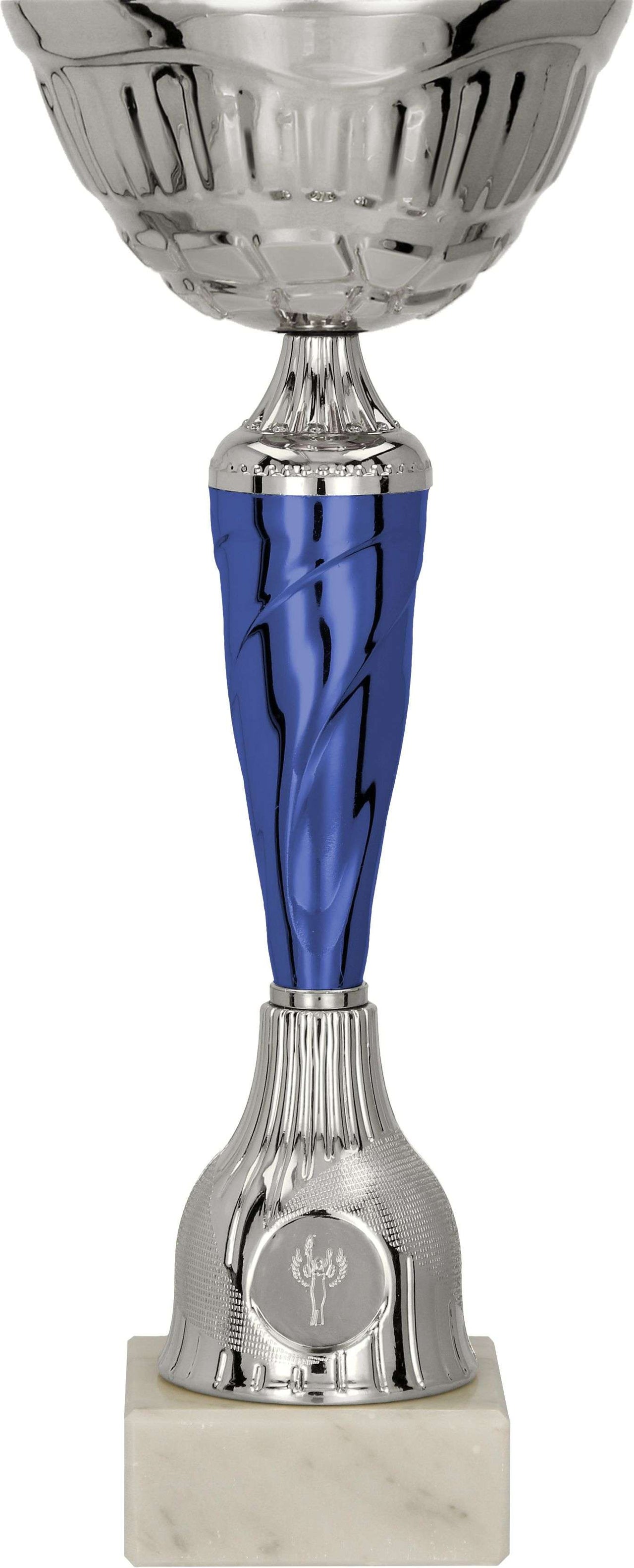 Silberfarbener Pokal mit Sockel und Säule für Turniersieger